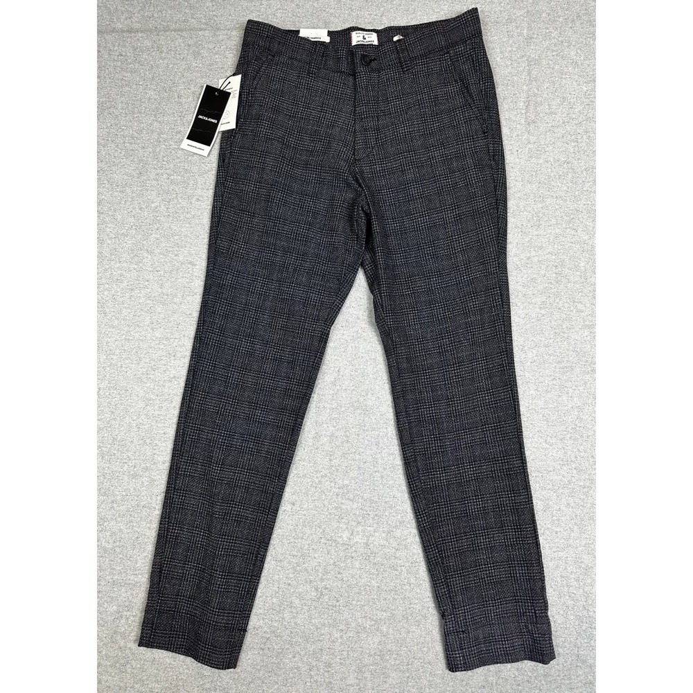 NWT Jack & Jones Trousers Mens 29x30 Navy Plaid Marco Slim Fit Chino Pants